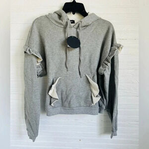 Lea & Viola Grey Ruffle Cropped Sweatshirt Pullover Hoodie New Size Small